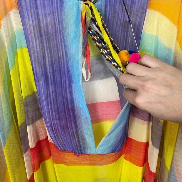 Petit Pois Viviana G Sheer Mesh Poncho XS | Striped Beaded Pom Pom Boho Top - Picture 11 of 11